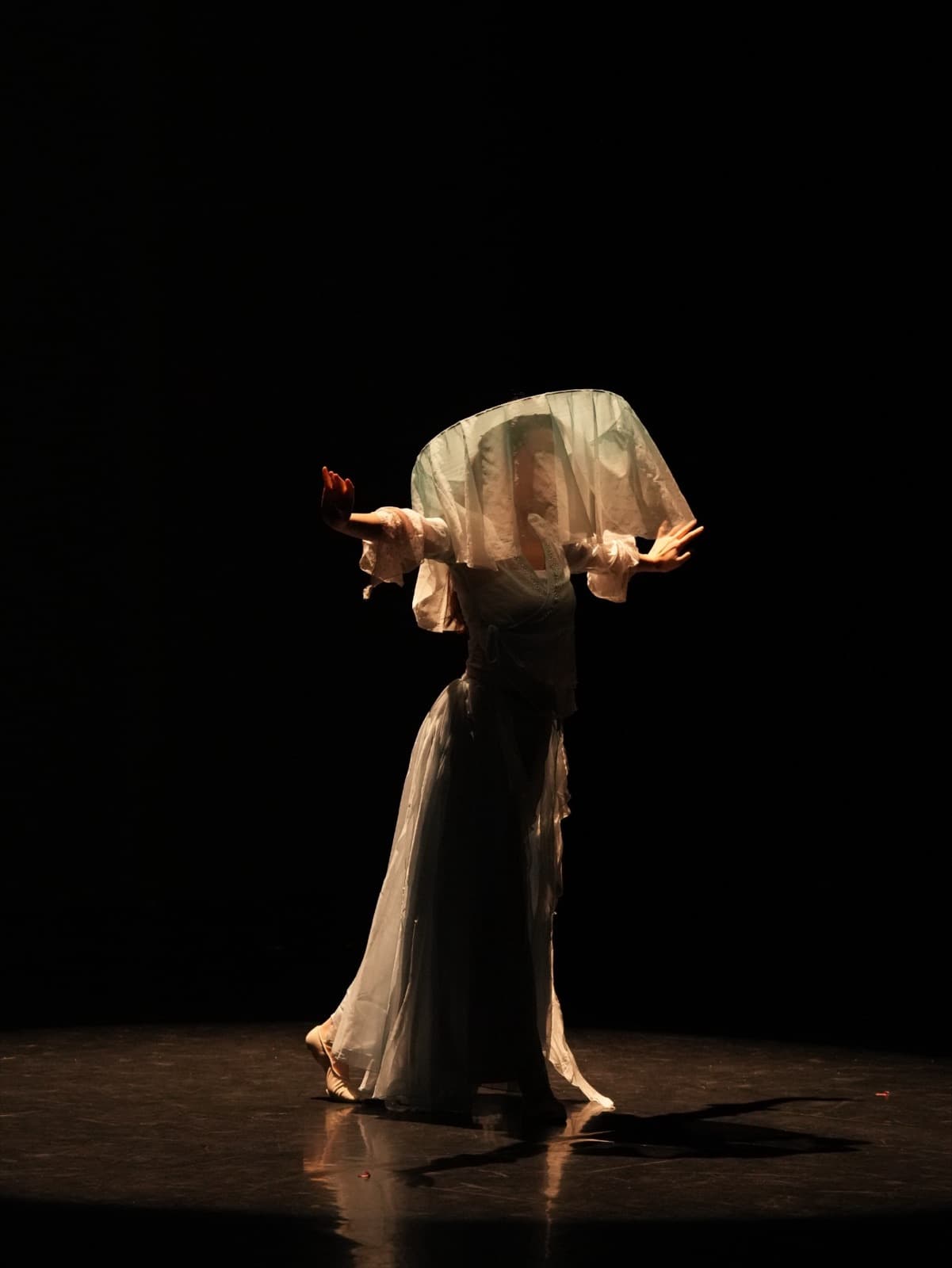 A dancer alone in a pool of warm light on a dark stage, arms outstretched, her head hidden under a wide brimmed hat draped with a pale green veil.