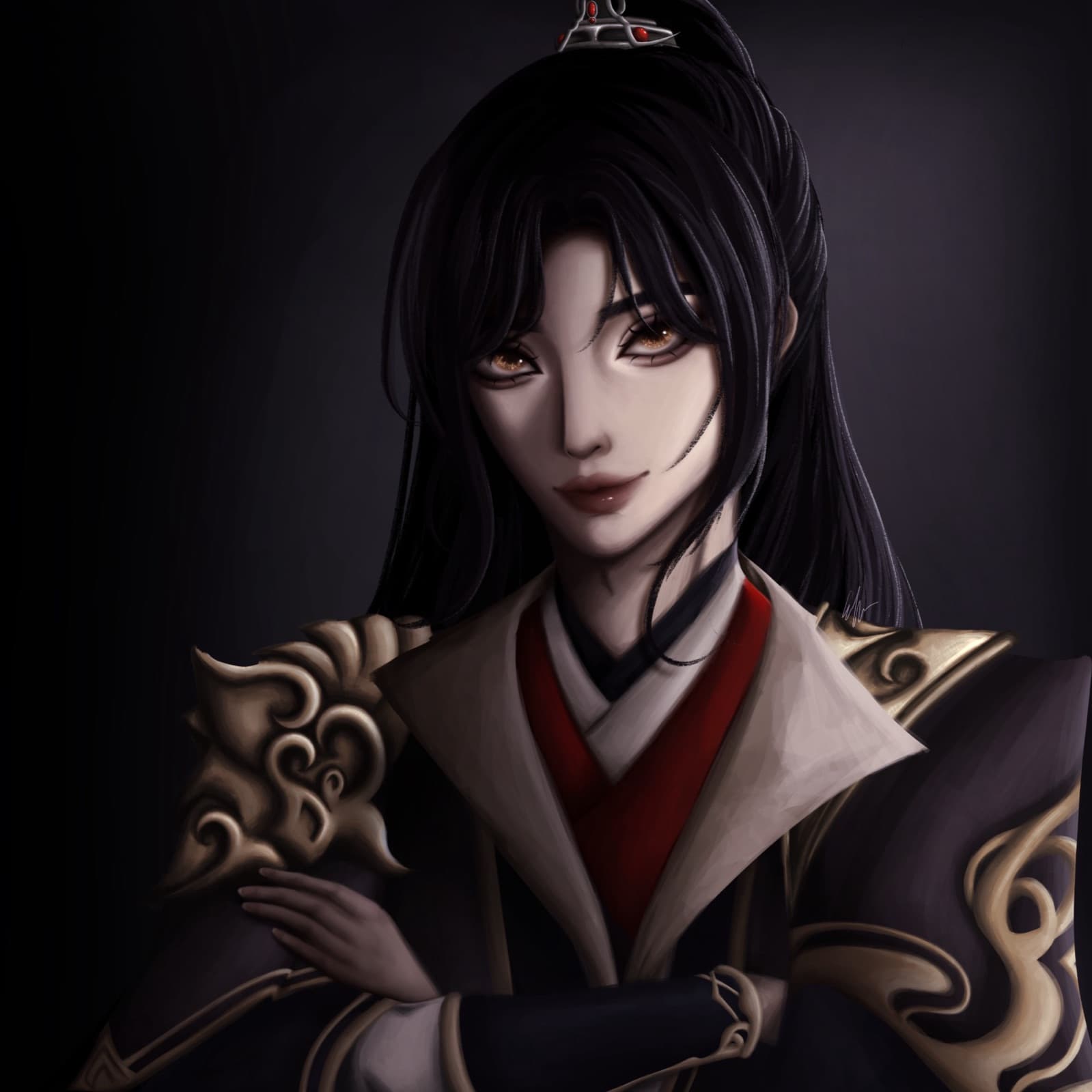 Painted portrait of a figure with long black hair tied up in a silver crown, amber eyes and a faint smile, wearing dark robes with a red collar and ornate gold shoulder armor, lit from the side against a dark background.