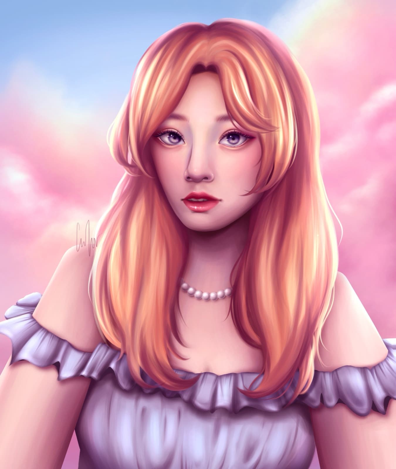 Soft painted portrait of a woman with long peach-blonde hair and violet eyes, wearing a pearl necklace and an off-shoulder lilac ruffled top, against pink clouds and a pale blue sky.