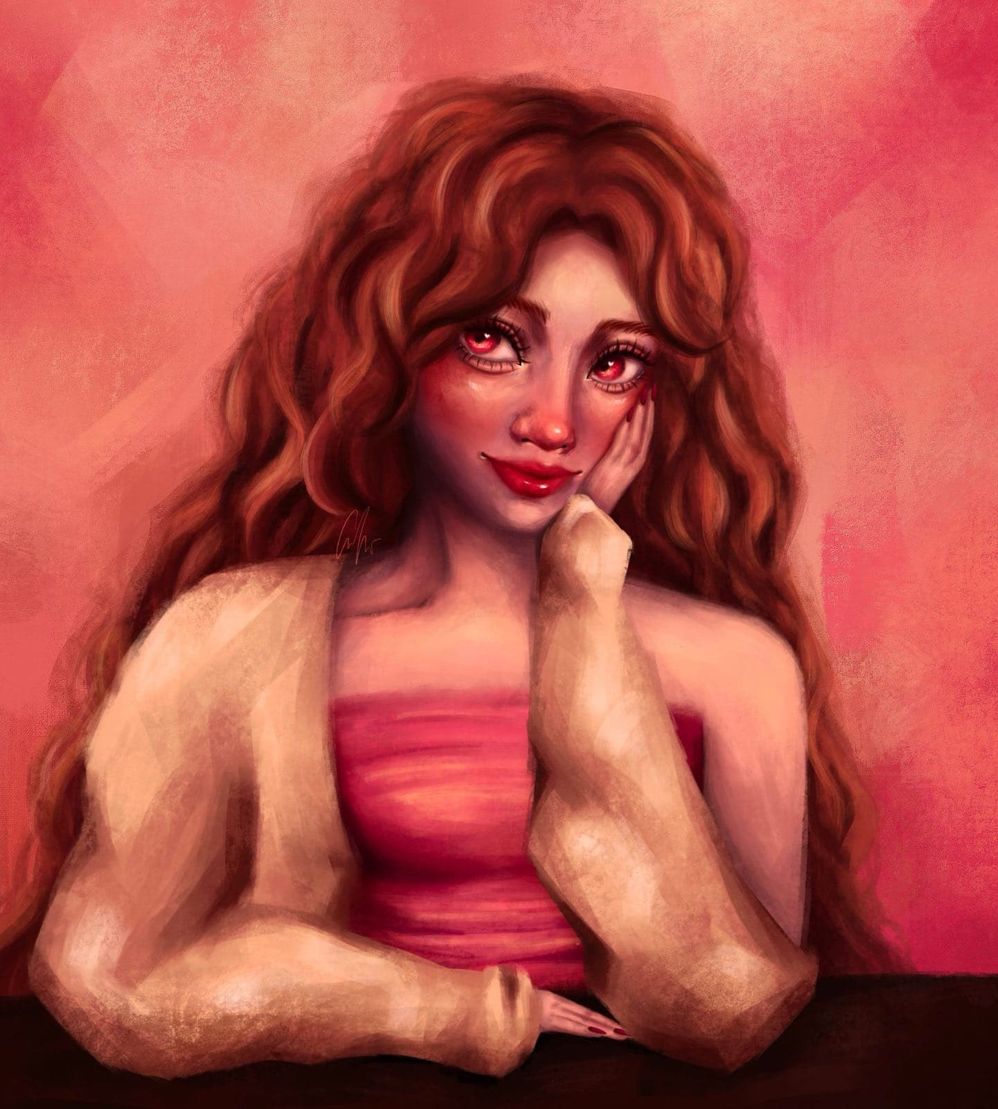 Textured painted portrait of a woman with long wavy auburn hair resting her chin on her hand, smiling with red lips, in a cream cardigan over a pink top against a coral background.